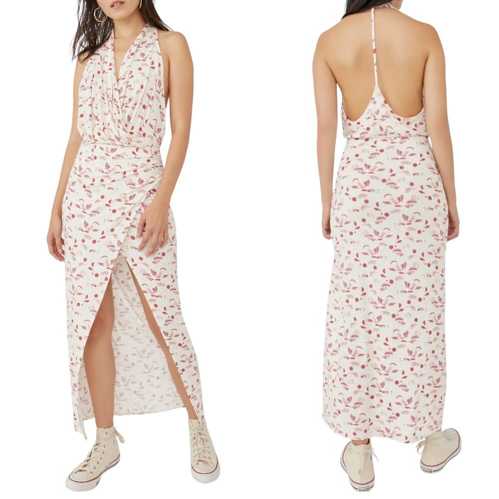 Free People Womens Boho Daria‎ Floral Printed Halter Maxi Dress Size S Ivory